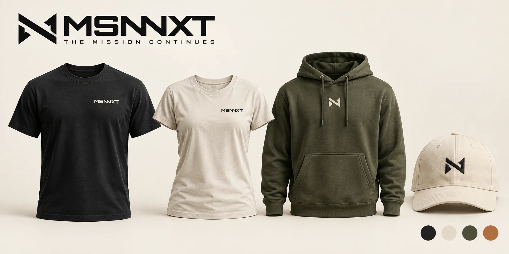 Approved MSNNXT concept: charcoal and bone tees, field olive hoodie, and bone cap