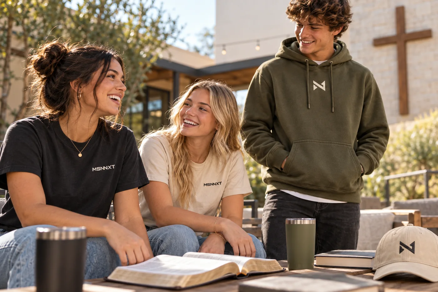 Young adults in MSNNXT apparel talking together on a church patio